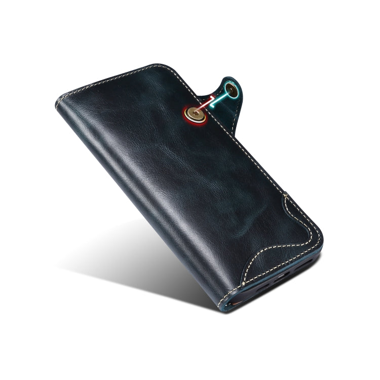 Denior Oil Wax Cowhide Leather case for iPhone 15 with magnetic button and card slots, showcasing its elegant design and premium material.