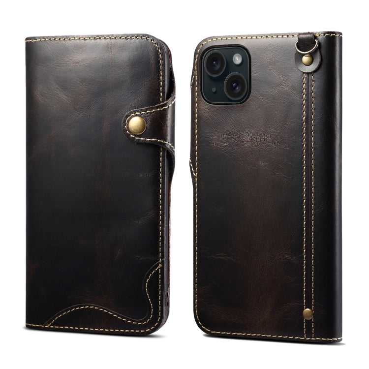 Denior Oil Wax Cowhide Magnetic Button Genuine Leather case for iPhone 15, showcasing its elegant design and card slots.