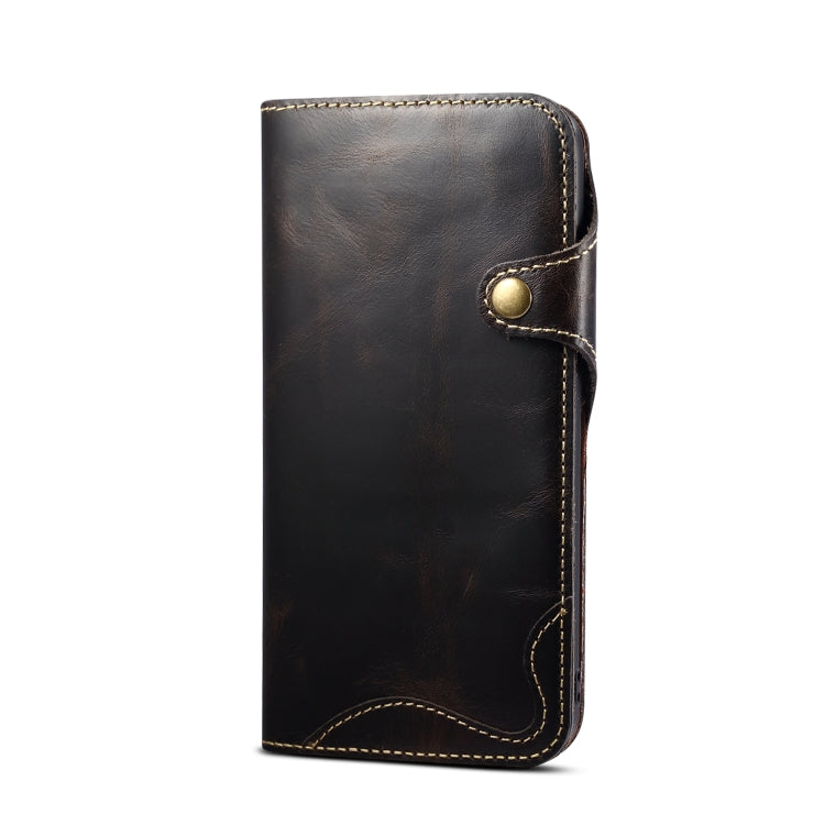 Denior Oil Wax Cowhide Magnetic Button Genuine Leather case for iPhone 15, showcasing its elegant design and card slots.