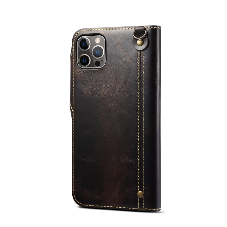 Denior Oil Wax Cowhide Magnetic Button Genuine Leather case for iPhone 15, showcasing its elegant design and card slots.