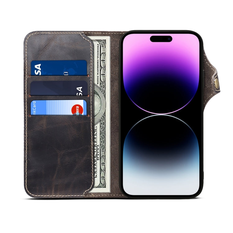 Denior Oil Wax Cowhide Magnetic Button Genuine Leather case for iPhone 15, showcasing its elegant design and card slots.