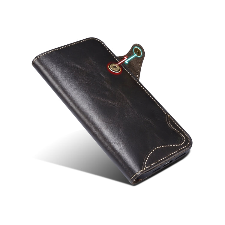 Denior Oil Wax Cowhide Magnetic Button Genuine Leather case for iPhone 15, showcasing its elegant design and card slots.