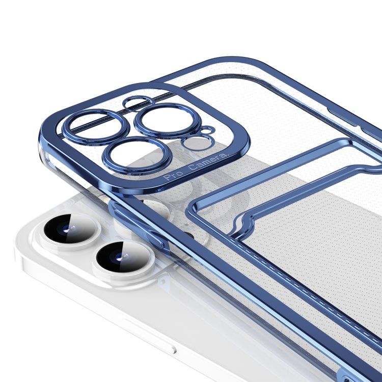 Blue electroplating frame phone case for iPhone 15, showcasing its sleek design and card slot feature.