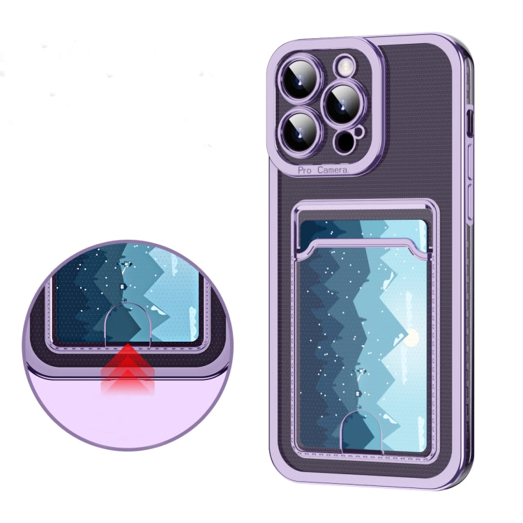 Blue electroplating frame phone case for iPhone 15, showcasing its sleek design and card slot feature.