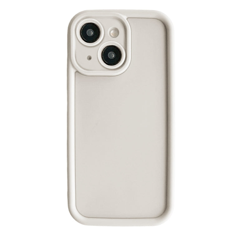 Beige shockproof TPU phone case designed for iPhone 15, featuring raised edges and precise cutouts for ports and buttons.