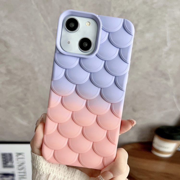 For iPhone 15 Gradient Mermaid Scale Skin Feel Phone Case in pink and purple, showcasing a stylish design with a textured surface.