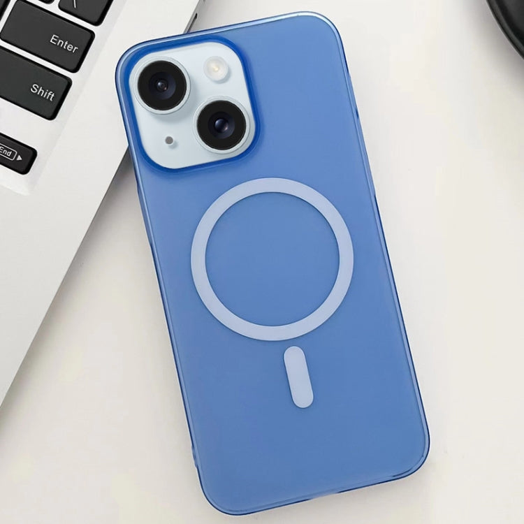 For iPhone 15 Ice Fog MagSafe PC Phone Case in blue, showcasing its sleek design and protective features.