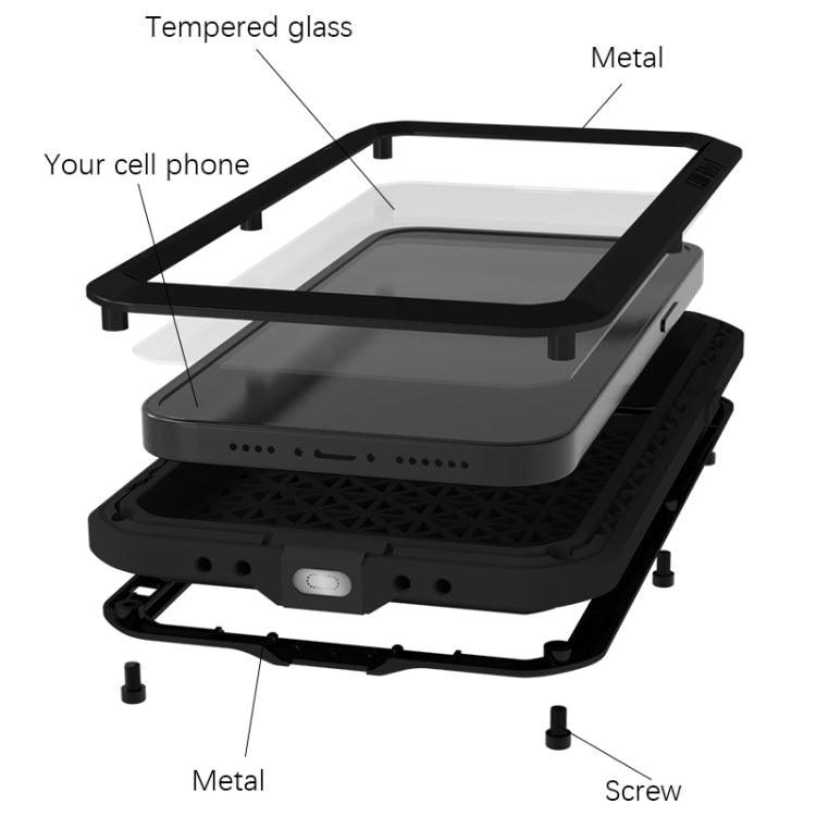 LOVE MEI Metal Shockproof case for iPhone 15, showcasing its rugged design and protective features.