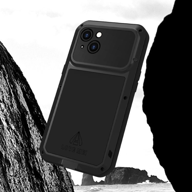 LOVE MEI Metal Shockproof case for iPhone 15, showcasing its rugged design and protective features.