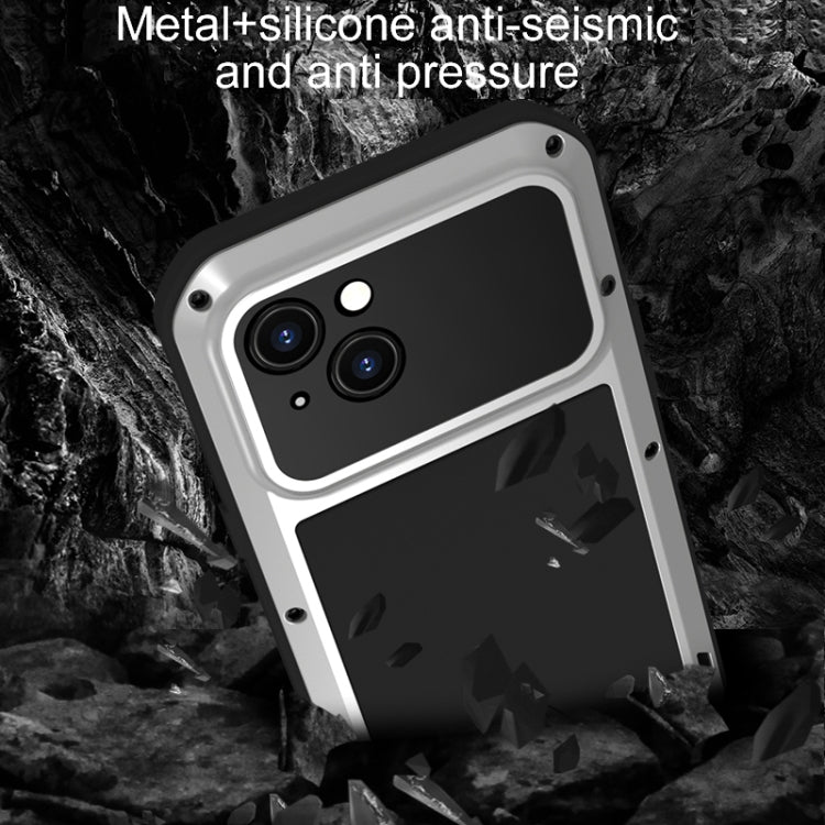 LOVE MEI Metal Shockproof case for iPhone 15, showcasing its rugged design and protective features.