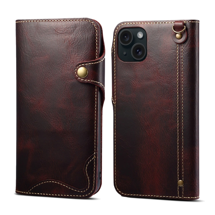 For iPhone 15 Plus Denior case made of genuine oil wax cowhide with a magnetic button, showcasing its elegant design and card slots.