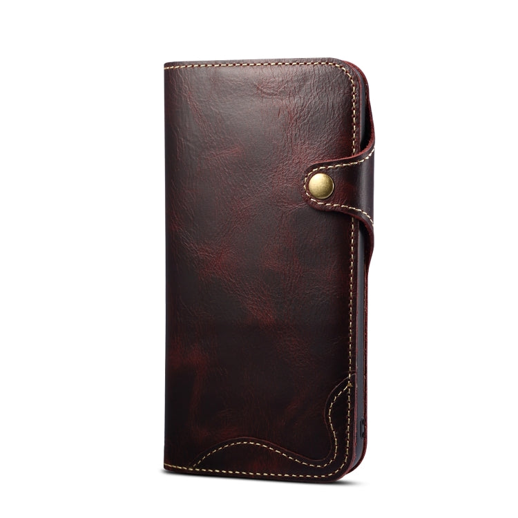 For iPhone 15 Plus Denior case made of genuine oil wax cowhide with a magnetic button, showcasing its elegant design and card slots.