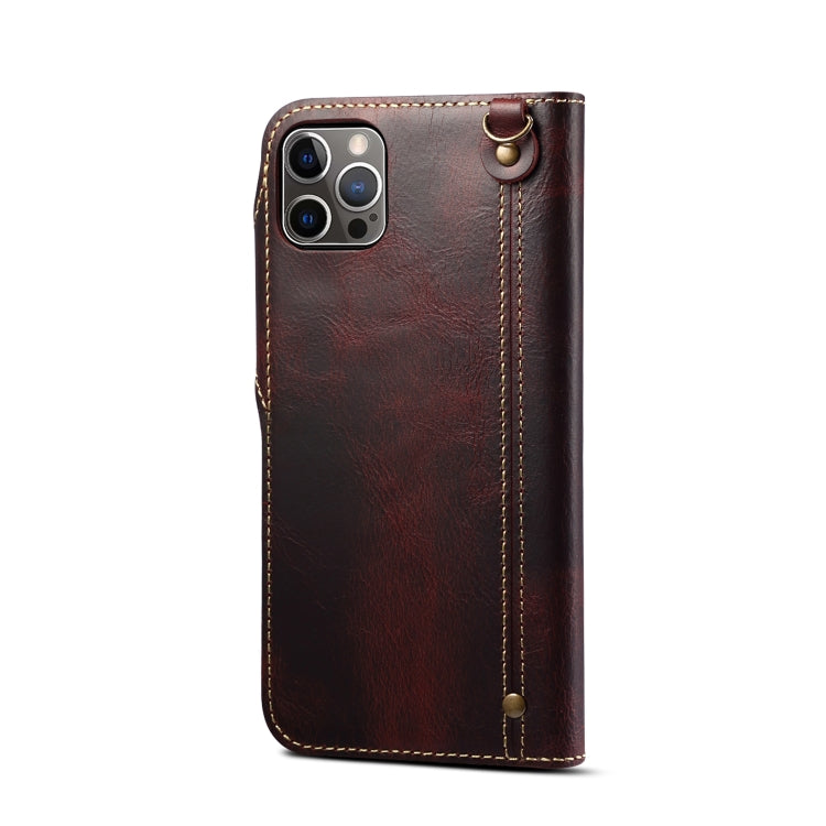 For iPhone 15 Plus Denior case made of genuine oil wax cowhide with a magnetic button, showcasing its elegant design and card slots.