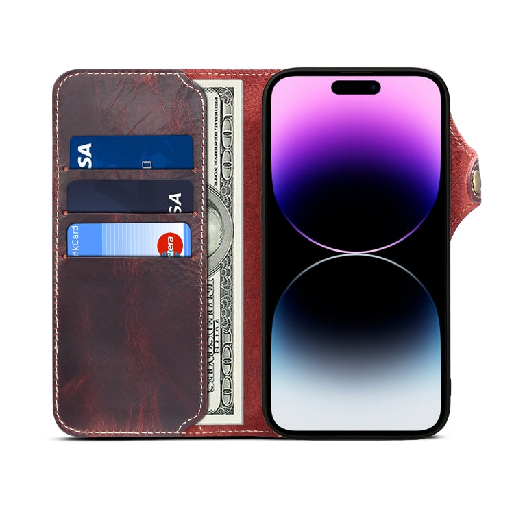 For iPhone 15 Plus Denior case made of genuine oil wax cowhide with a magnetic button, showcasing its elegant design and card slots.