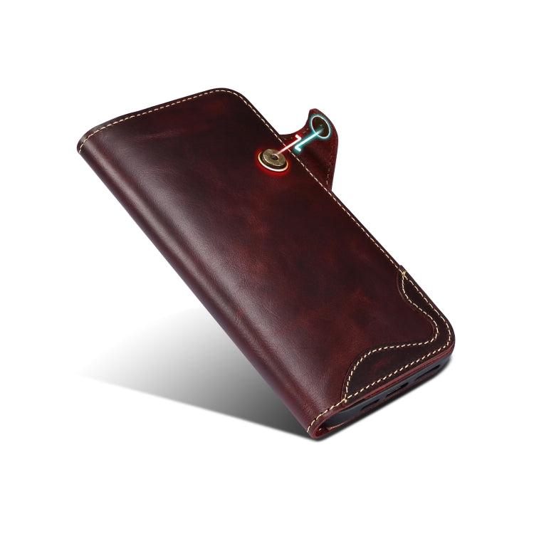 For iPhone 15 Plus Denior case made of genuine oil wax cowhide with a magnetic button, showcasing its elegant design and card slots.