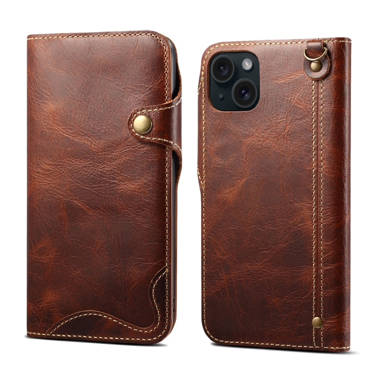 For iPhone 15 Plus Denior Oil Wax Cowhide Magnetic Button Genuine Case showcasing its luxurious cowhide texture and card slots.