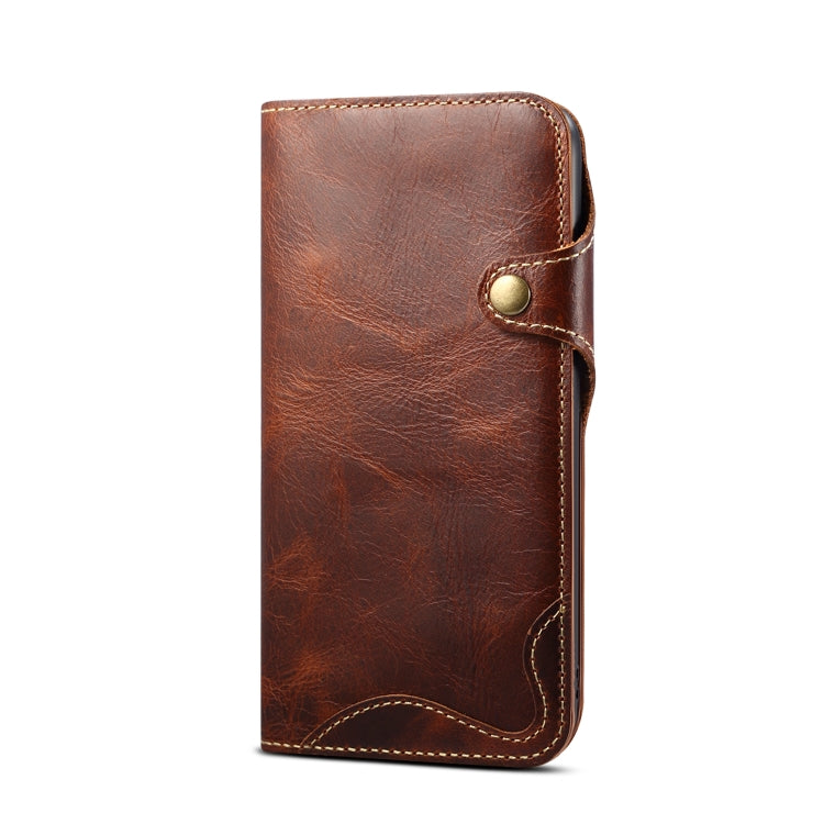 For iPhone 15 Plus Denior Oil Wax Cowhide Magnetic Button Genuine Case showcasing its luxurious cowhide texture and card slots.