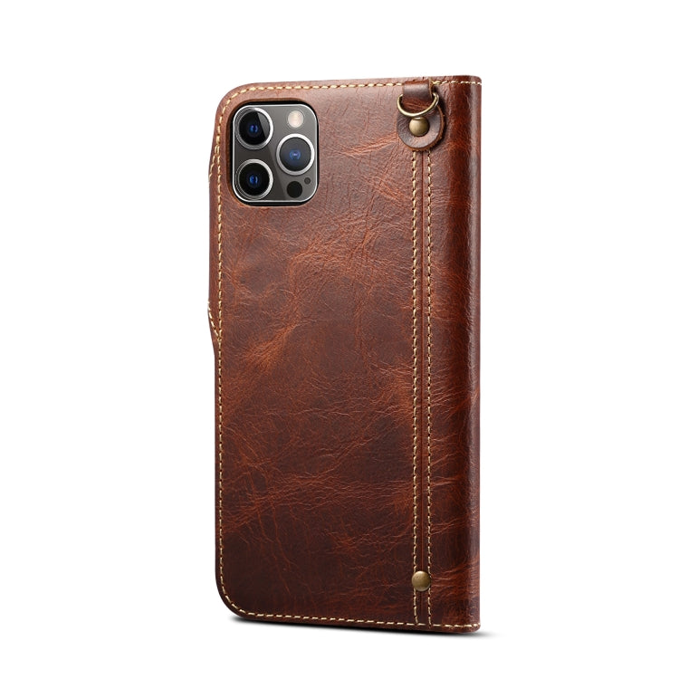 For iPhone 15 Plus Denior Oil Wax Cowhide Magnetic Button Genuine Case showcasing its luxurious cowhide texture and card slots.