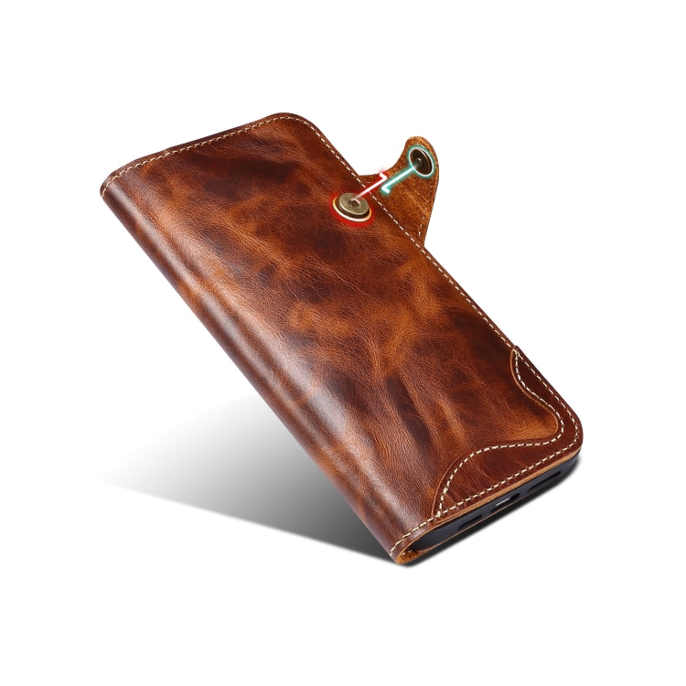 For iPhone 15 Plus Denior Oil Wax Cowhide Magnetic Button Genuine Case showcasing its luxurious cowhide texture and card slots.