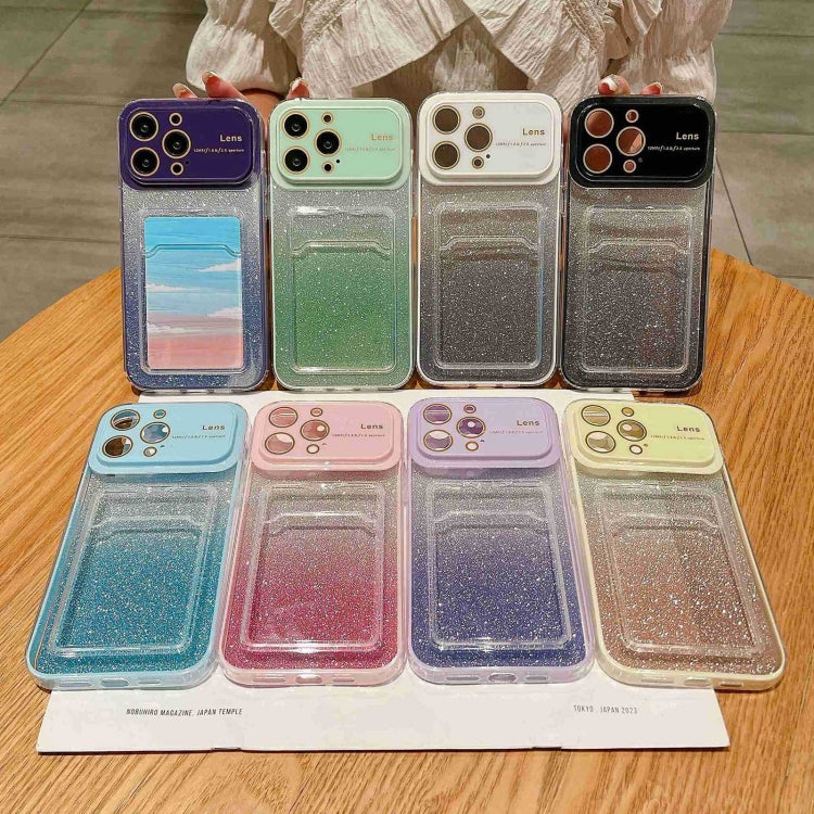 For iPhone 15 Plus Large Window Gradient Glitter Phone Case with Card, showcasing its stylish design and protective features.