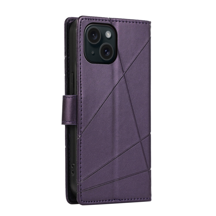 For iPhone 15 Plus PU leather case with embossed texture, featuring card slots and a wrist strap.