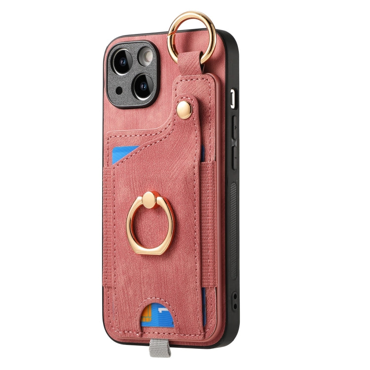 For iPhone 15 Plus Retro Skin-feel Ring Card Bag Phone Case with Hang, showcasing its stylish design and practical features.