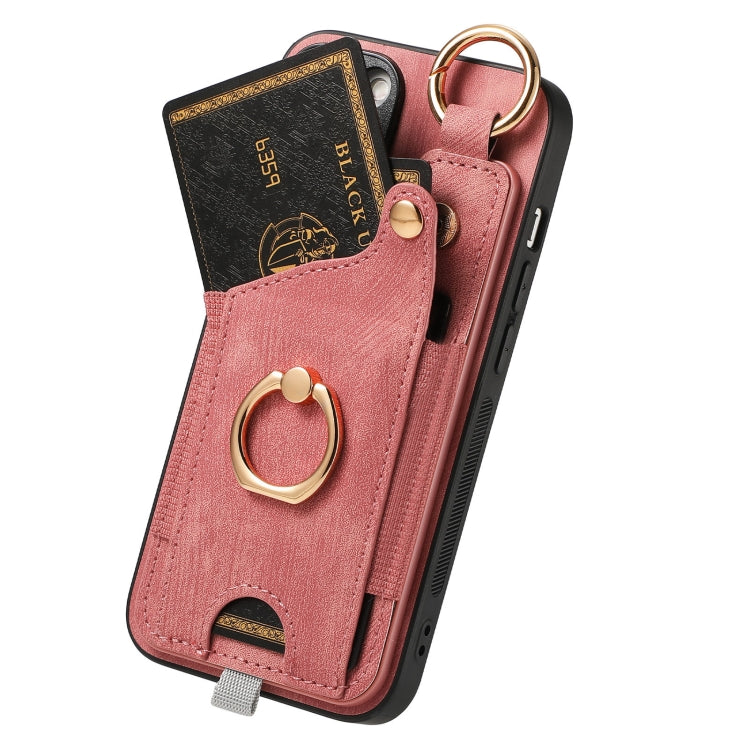 For iPhone 15 Plus Retro Skin-feel Ring Card Bag Phone Case with Hang, showcasing its stylish design and practical features.