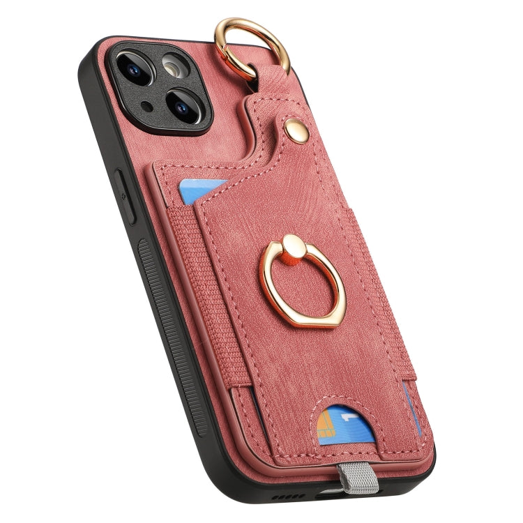 For iPhone 15 Plus Retro Skin-feel Ring Card Bag Phone Case with Hang, showcasing its stylish design and practical features.