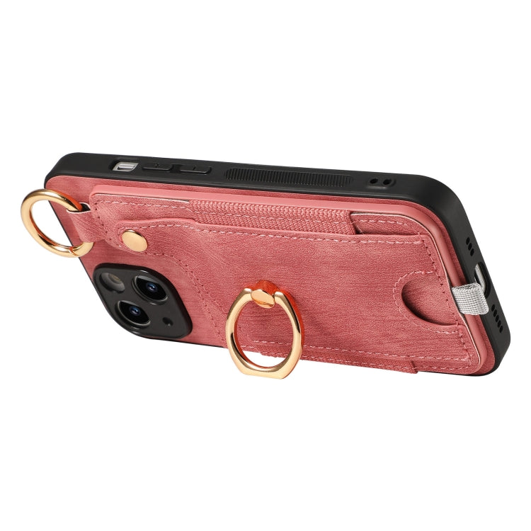 For iPhone 15 Plus Retro Skin-feel Ring Card Bag Phone Case with Hang, showcasing its stylish design and practical features.