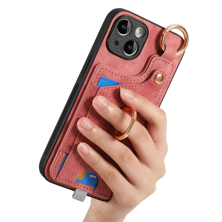 For iPhone 15 Plus Retro Skin-feel Ring Card Bag Phone Case with Hang, showcasing its stylish design and practical features.