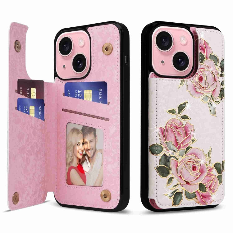 Rose-colored printed double buckle RFID anti-theft phone case for iPhone 15, showcasing card slots and a stylish design.