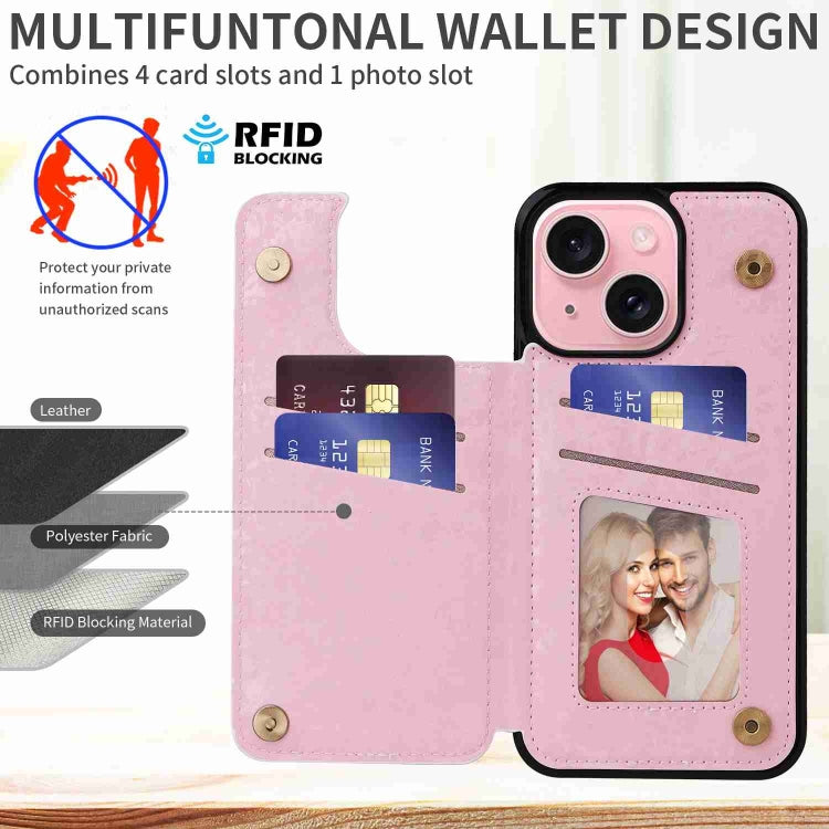 Rose-colored printed double buckle RFID anti-theft phone case for iPhone 15, showcasing card slots and a stylish design.