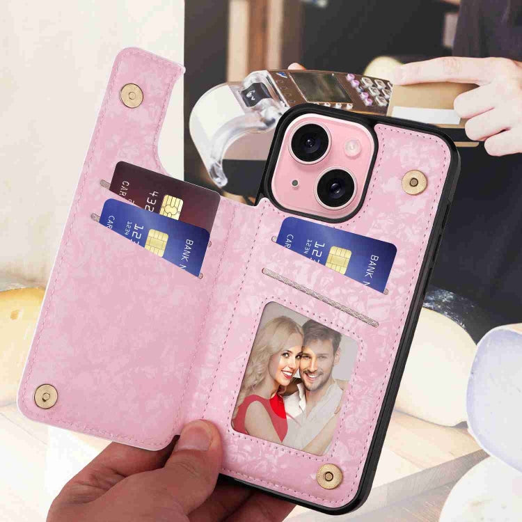 Rose-colored printed double buckle RFID anti-theft phone case for iPhone 15, showcasing card slots and a stylish design.