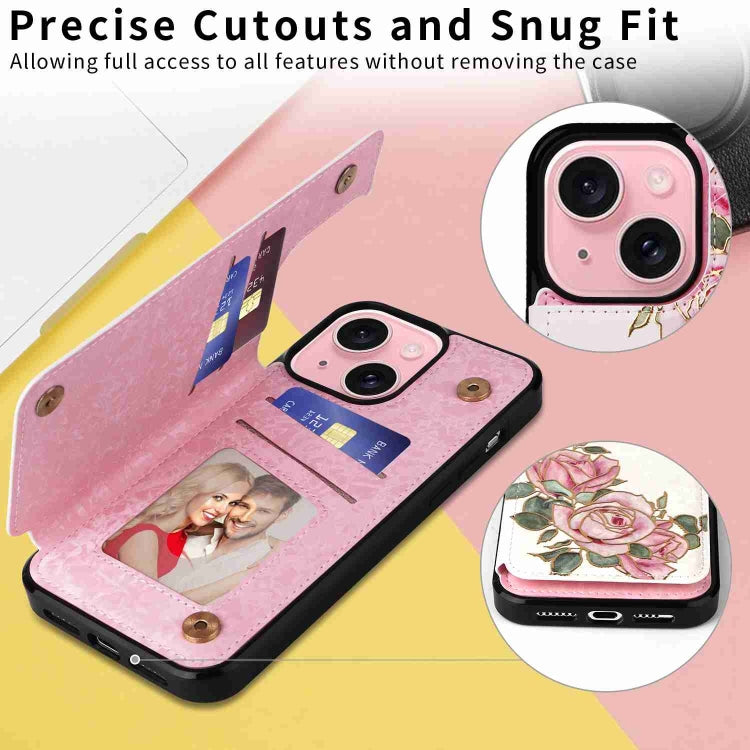 Rose-colored printed double buckle RFID anti-theft phone case for iPhone 15, showcasing card slots and a stylish design.