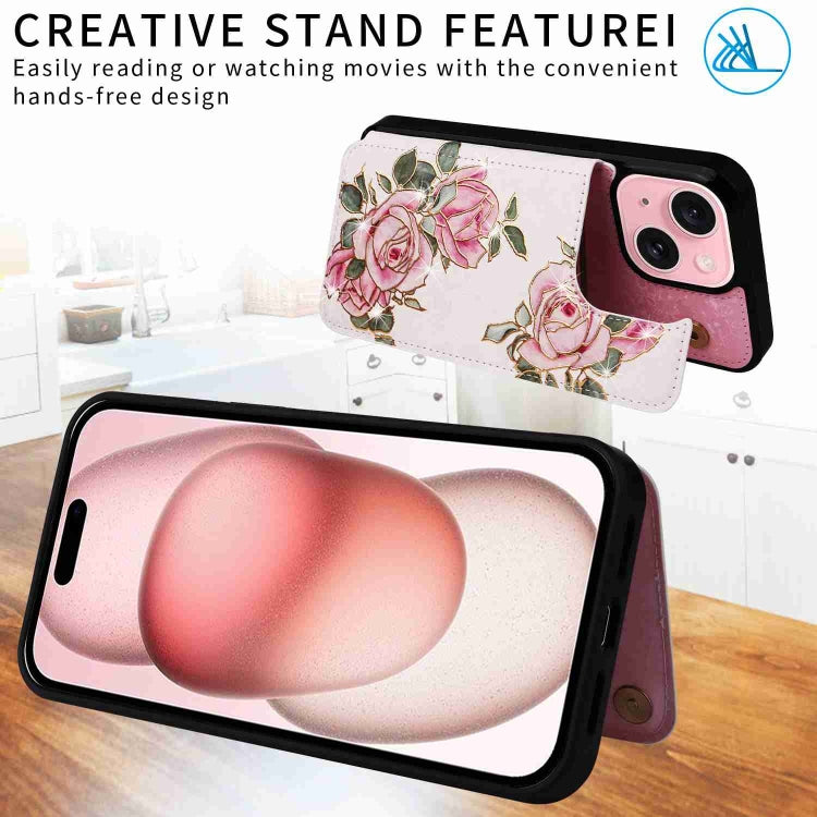 Rose-colored printed double buckle RFID anti-theft phone case for iPhone 15, showcasing card slots and a stylish design.