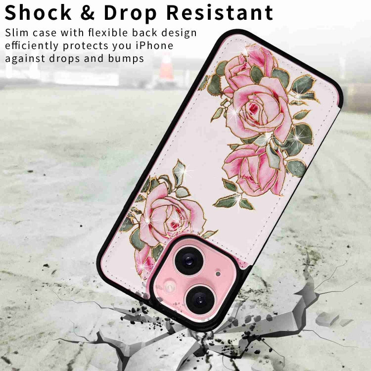 Rose-colored printed double buckle RFID anti-theft phone case for iPhone 15, showcasing card slots and a stylish design.