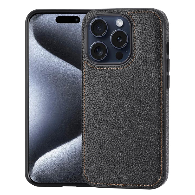 For iPhone 15 Pro Litchi Pattern Stitched Side-mounted Phone Case showcasing its stylish design and protective features.