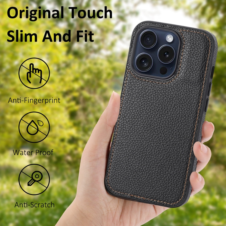 For iPhone 15 Pro Litchi Pattern Stitched Side-mounted Phone Case showcasing its stylish design and protective features.