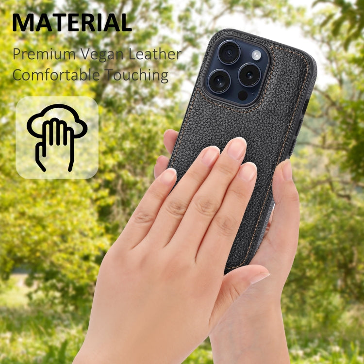 For iPhone 15 Pro Litchi Pattern Stitched Side-mounted Phone Case showcasing its stylish design and protective features.