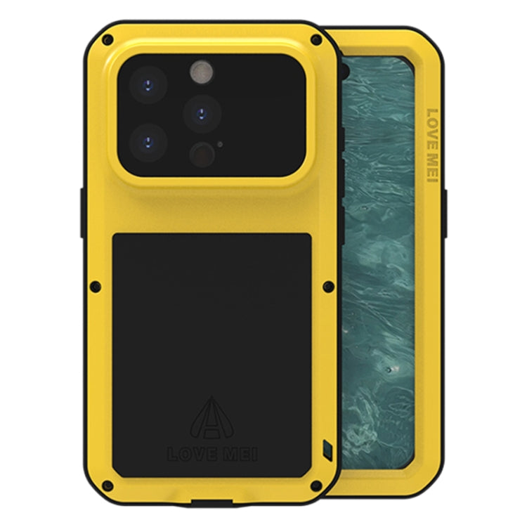 LOVE MEI Metal Shockproof case for iPhone 15 Pro, showcasing its rugged design and protective features against water, dust, and shocks.