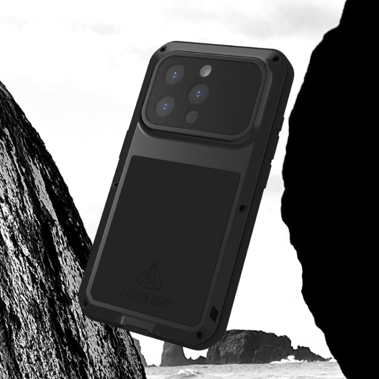 LOVE MEI Metal Shockproof case for iPhone 15 Pro, showcasing its rugged design and protective features against water, dust, and shocks.