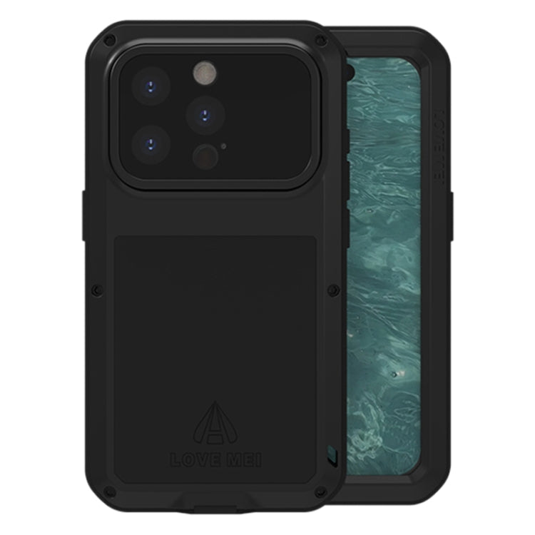 LOVE MEI Metal Shockproof case for iPhone 15 Pro, showcasing its rugged design and protective features against water, dust, and shocks.