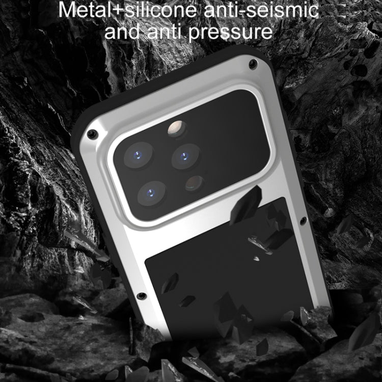 LOVE MEI Metal Shockproof case for iPhone 15 Pro, showcasing its rugged design and protective features against water, dust, and shocks.