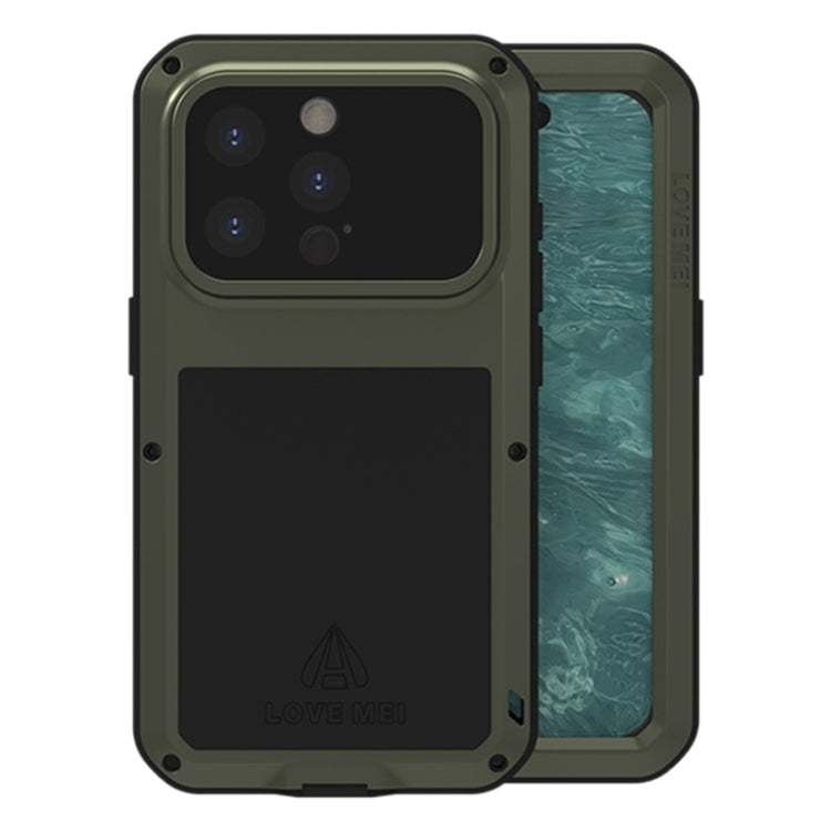 LOVE MEI Metal Shockproof case for iPhone 15 Pro, showcasing its rugged design and protective features against water, dust, and shocks.