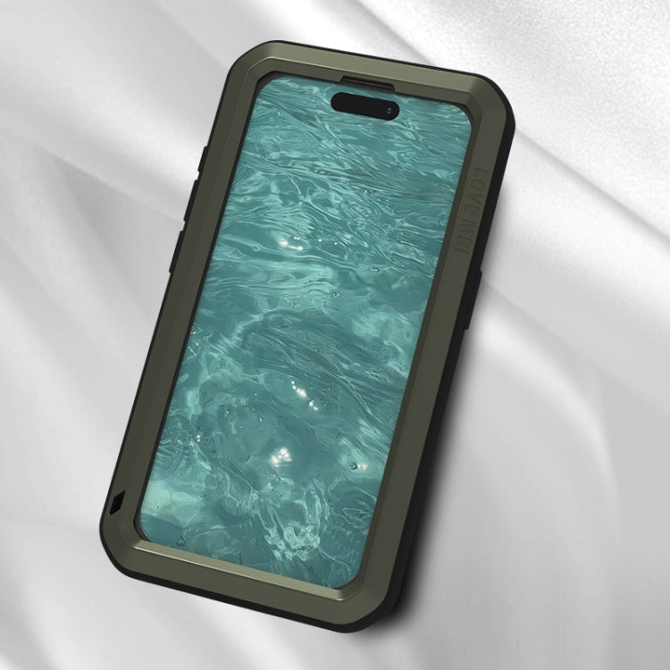 LOVE MEI Metal Shockproof case for iPhone 15 Pro, showcasing its rugged design and protective features against water, dust, and shocks.