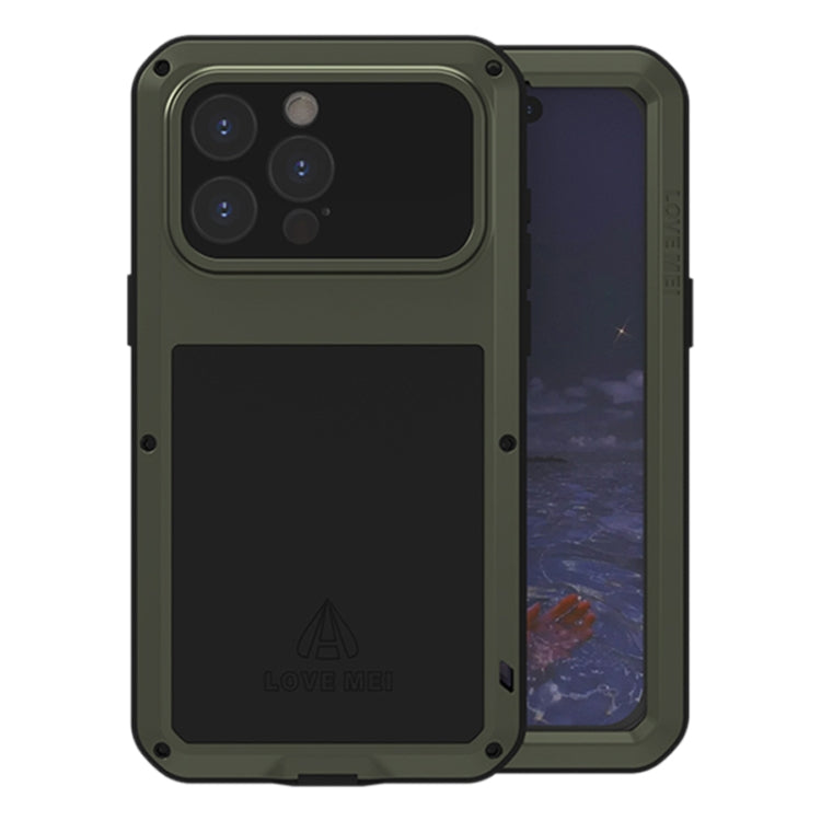 LOVE MEI Metal Shockproof Life Waterproof case for iPhone 15 Pro Max, showcasing its durable design and full coverage protection.