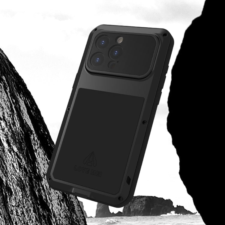 LOVE MEI Metal Shockproof Life Waterproof case for iPhone 15 Pro Max, showcasing its durable design and full coverage protection.