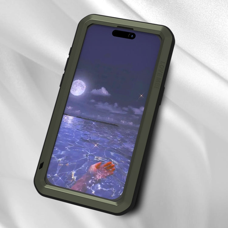 LOVE MEI Metal Shockproof Life Waterproof case for iPhone 15 Pro Max, showcasing its durable design and full coverage protection.