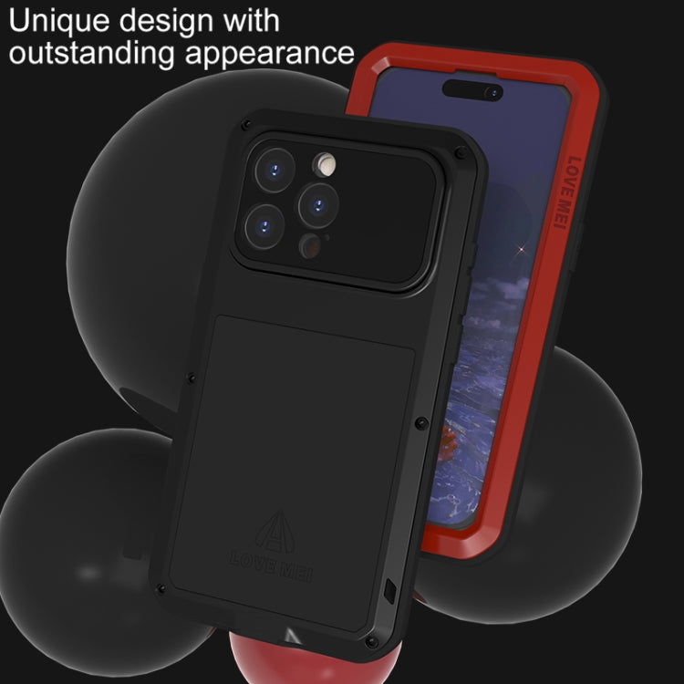 LOVE MEI Metal Shockproof Life Waterproof case for iPhone 15 Pro Max, showcasing its durable design and full coverage protection.