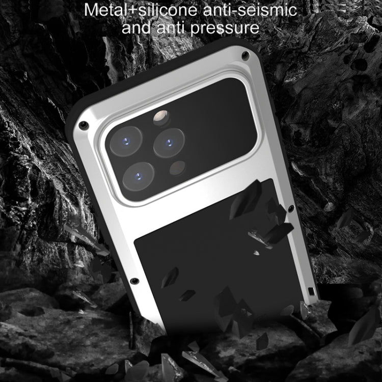 LOVE MEI Metal Shockproof Life Waterproof case for iPhone 15 Pro Max, showcasing its durable design and full coverage protection.